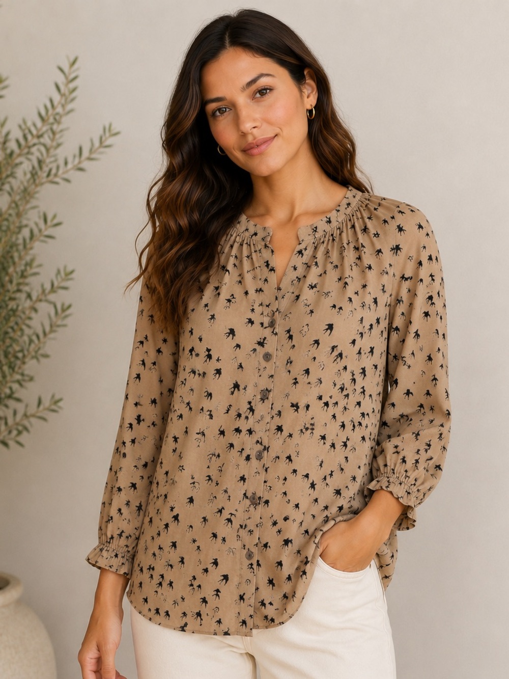 Renee C. Bird Print Blouse Beige Black Sheer Button Front Boho Top Size M